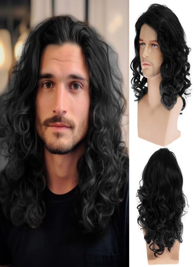 Beweig Long Curly Wavy Black Wig for Men Synthetic Halloween Costume Party Wig for Male - Image 1